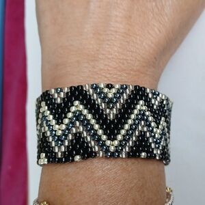 Black With Silver And Gold Beaded Bracelet Woven